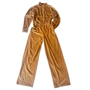 Fabletics Velour Jumpsuit Tracksuit Womens Gold Wide Leg Athleisure Loungewear